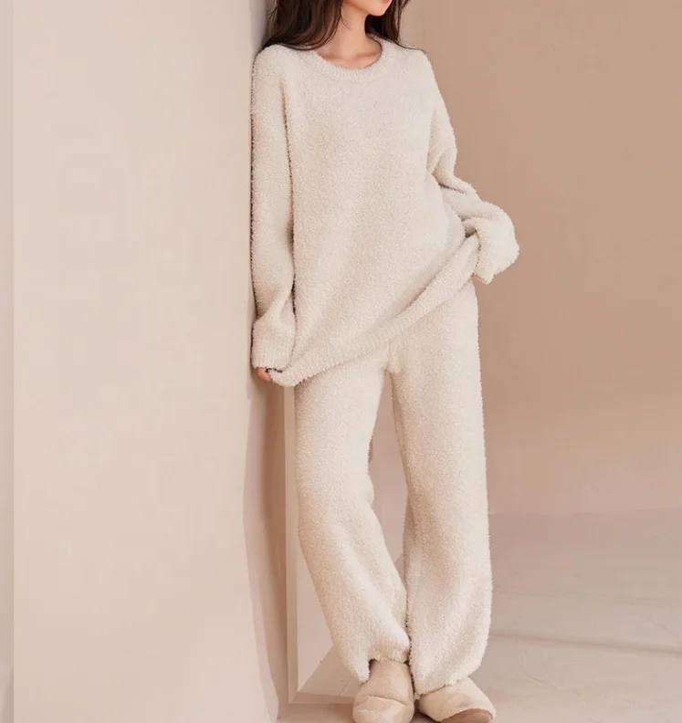 Super Soft 100% Polyester Micro Winter Fluffy Pajamas fluffy Lounge Sleepwear Ladies Bedroom Home Clothes Women Set