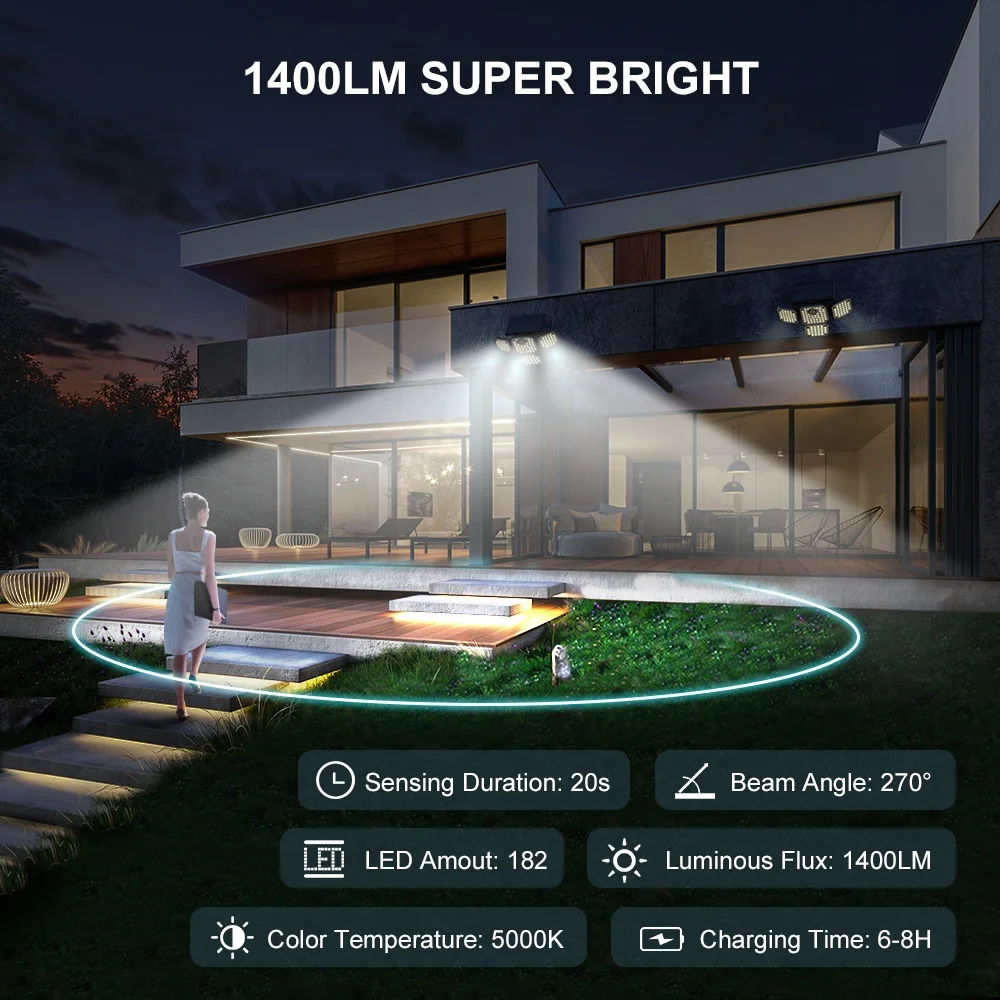 Solar Powered PIR Motion Sensor Wall Lamp 4 Heads 270 Degree Rotating Outdoor IP65 Remote Control Floodlight Security Light