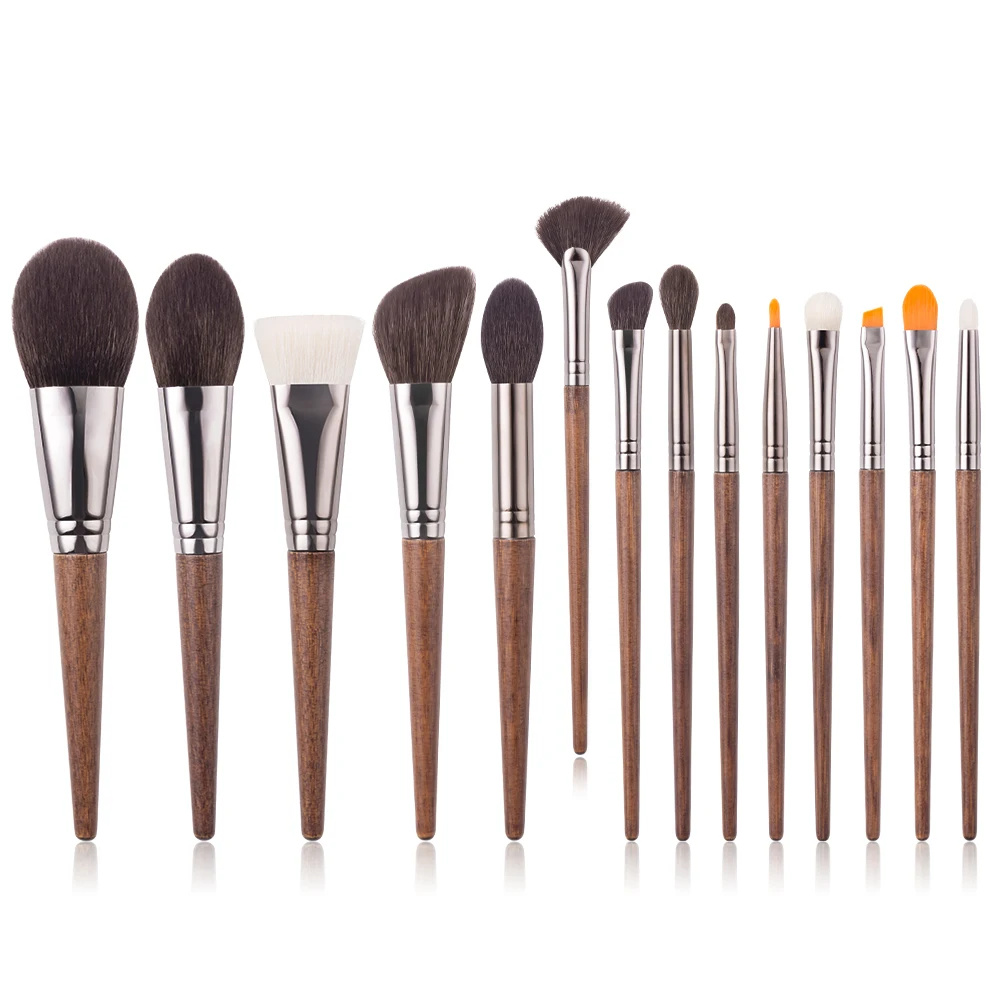 BEILI high quality makeup brush set 14pc Natural wood handle Goat Pony Synthetic hair eye shadow