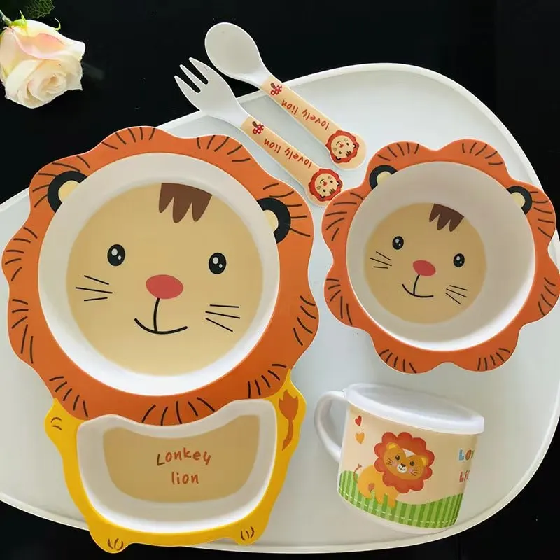 Bamboo Fiber Children Dinnerware Set  Baby Eating Training Set Toddler Plate Bowl Cup 5-piece Feeding Cartoon Lion Tableware