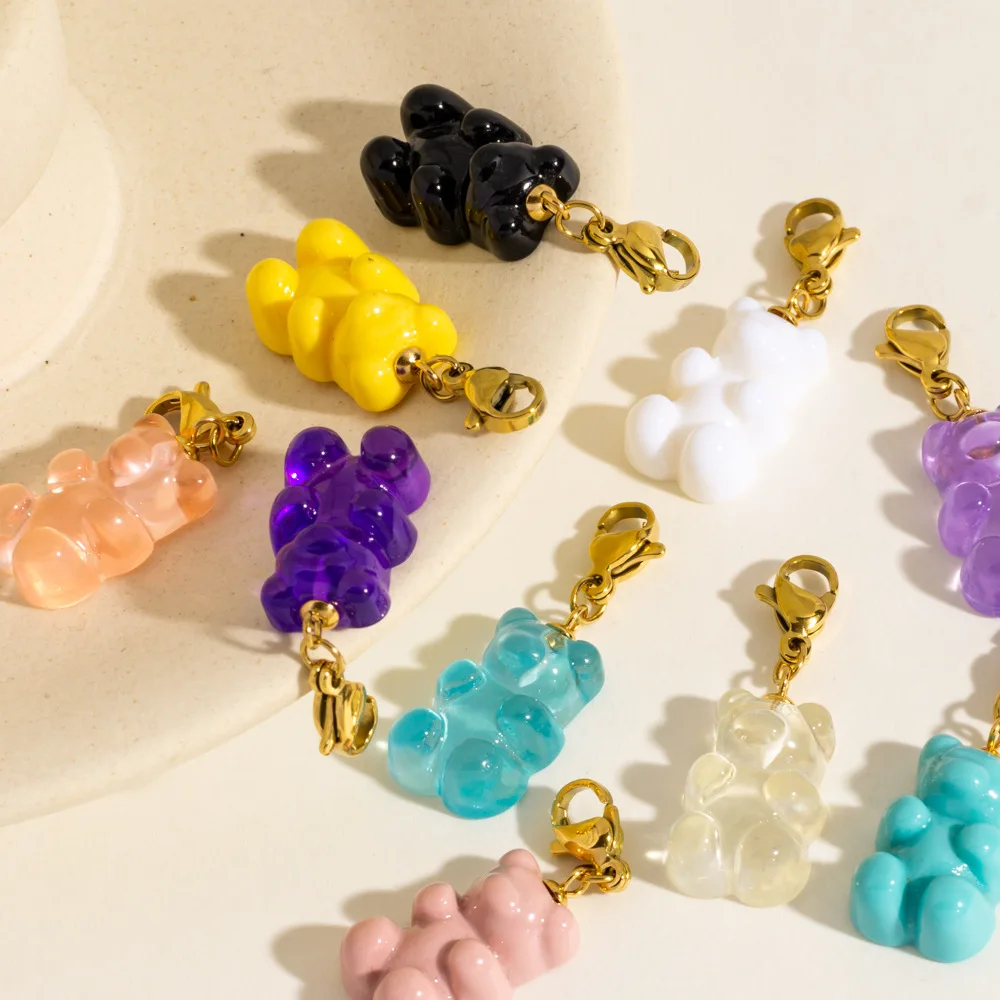 Candy Color Cartoon Resin Gummy Bear Pendant Sweet Cute Bear Charm with Stainless Steel Lobster Clasp for Keychain DIY Jewelry