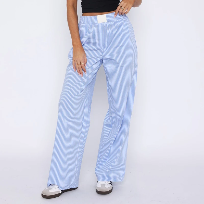 Cotton Poplin PJS Trousers Womens Custom Brand Patches Lounge Pant Wide Leg Striped Pajama Pants Striped Cotton Lounge Pants
