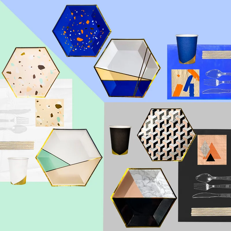 Partybus Fashionable Disposable Bio-degradable Hexagonal Blue Party Paper Plates