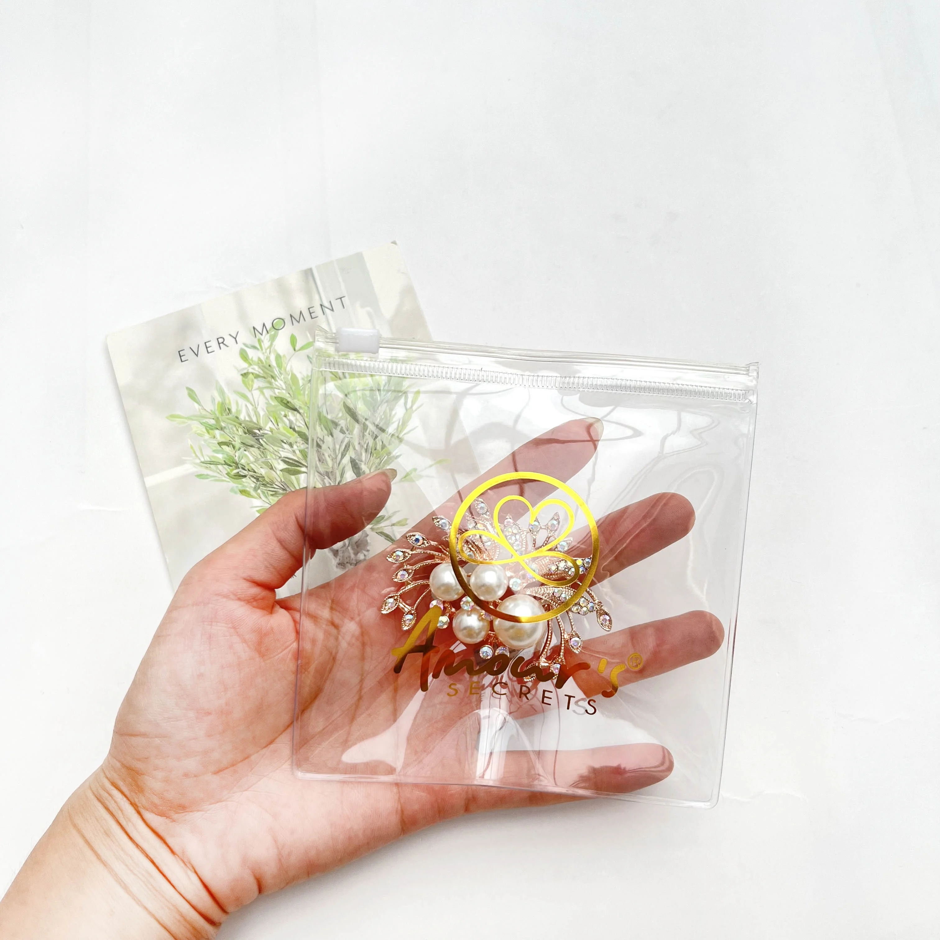 PVC Clear Jewelry Plastic Packaging Bag Custom Gold Foil Logo Earring Hair Accessories Necklace Recyclable Small Zip lock Pouch
