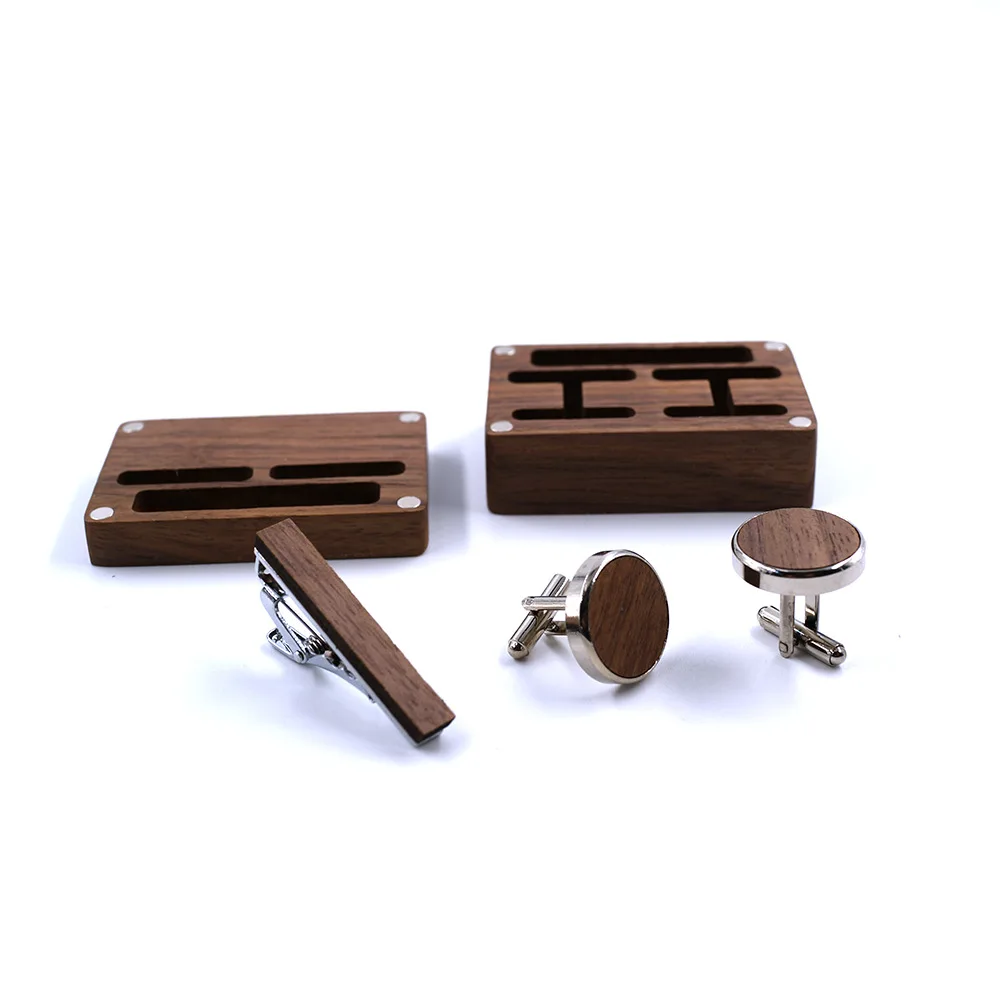 Custom Logo Rustic Walnut Wooden Round Cuff Links Tie Clip and Cufflink Sets With Organizer Box for Business Men Gift
