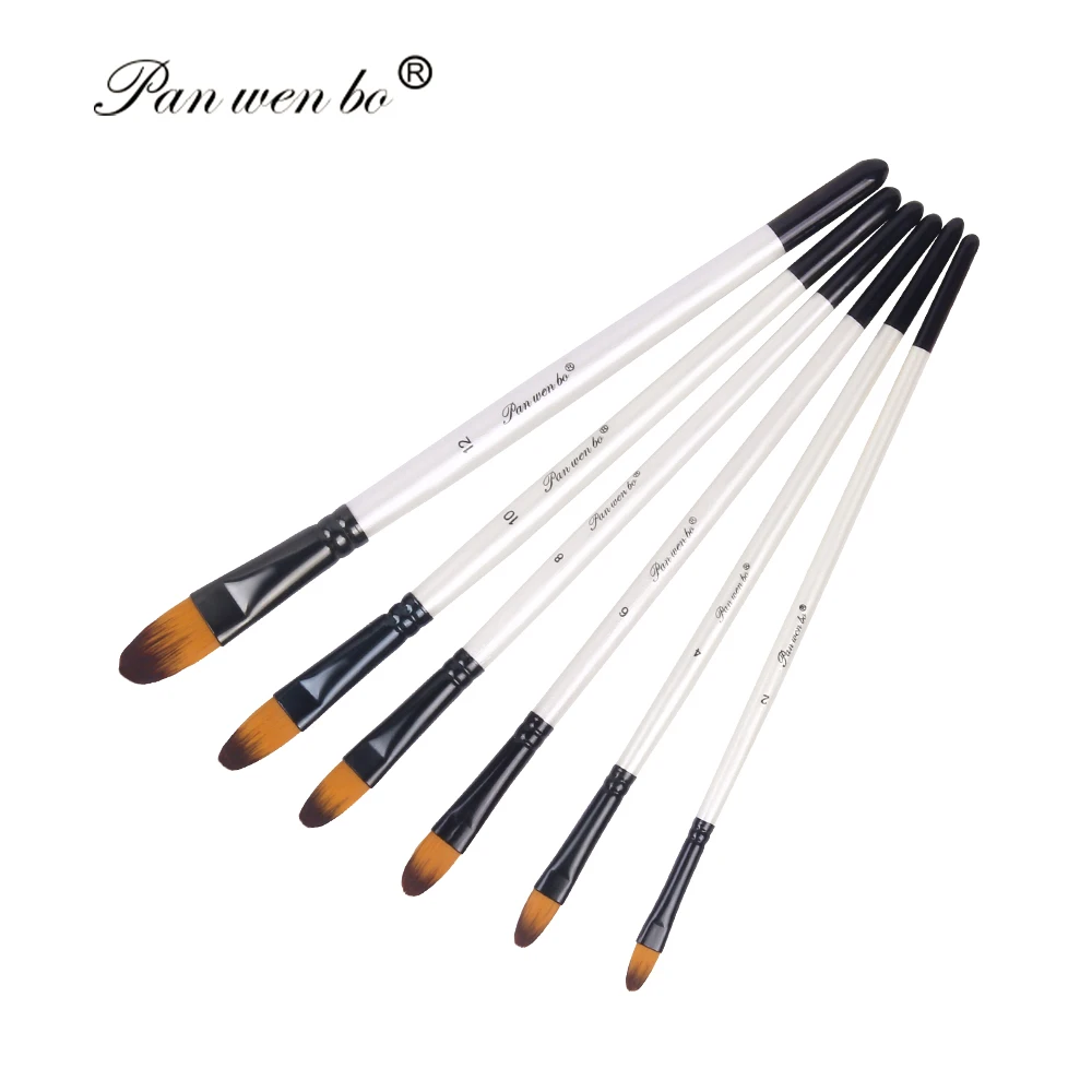 6pcs Pearl White Barrel Nylon Oil Brush Round Flat Hair Shape With Wood Handle Painting Brush Wholesale