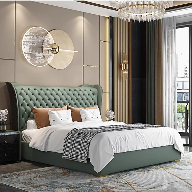 Modern leather 1.8 meters wholesale king size Luxury modern chesterfield bed new bedroom Solid Wood bed furniture