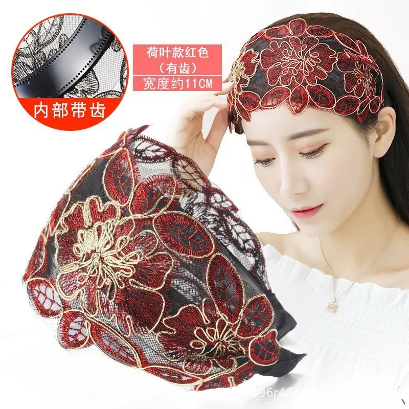 White hair band with wide edge cover female artifact pressure hair lace embroidery flower headband
