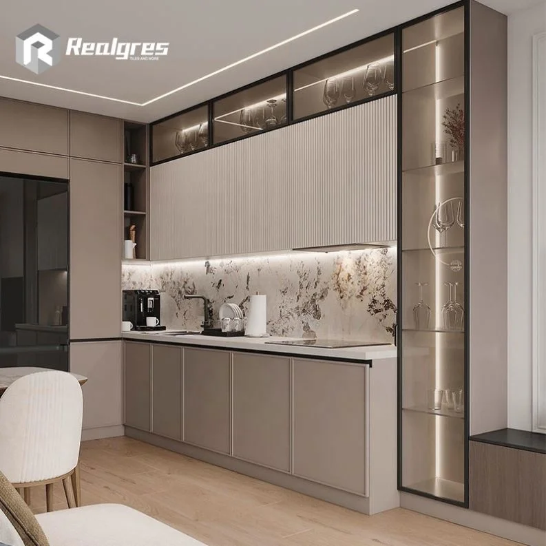 Realgres Frameless Backsplash Handleless L Shaped Lacquer Cupboard Kitchen Cabinet With Glass Door