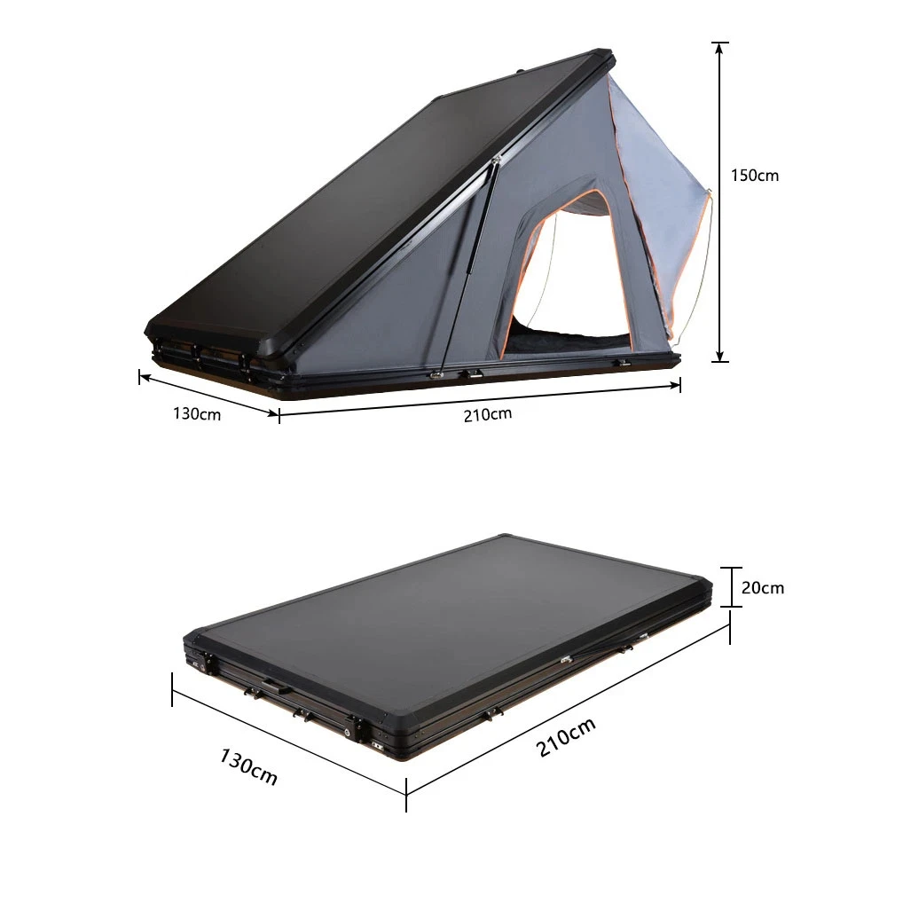 Camping Aluminum 4 Person Top Roof Tent, Triangle Car Rooftop Tent Clamshell Black Gray Hard Shell Roof Top Tent