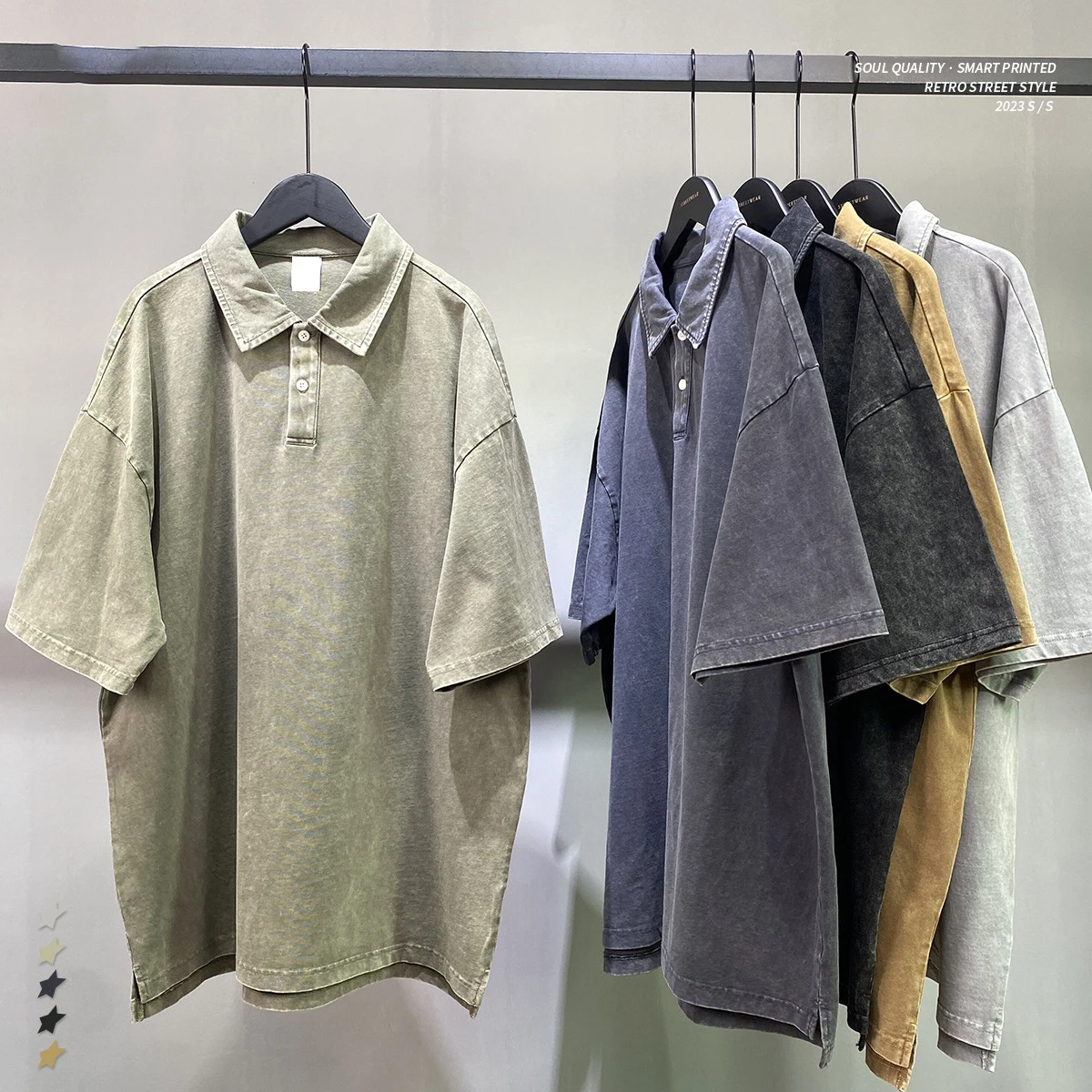 Wholesale Tight Double Yarn Cotton Batik Wash Water Old Lapel Button Slit T-shirt Men Oversized Acid Wash T shirt