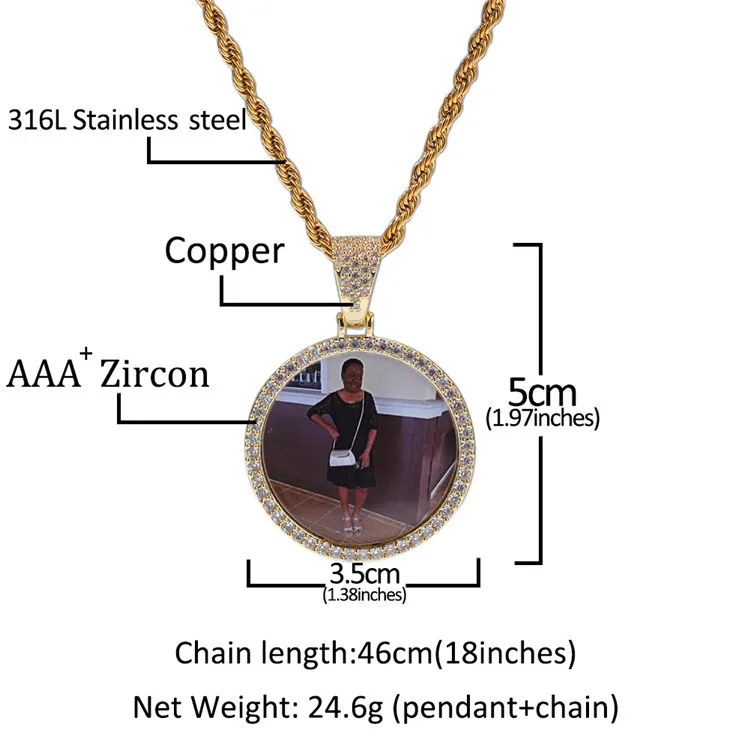 Stainless Steel Chain Cubic Zirconia Hip Hop Custom Photo Memory Medallion Picture Pendant Necklace