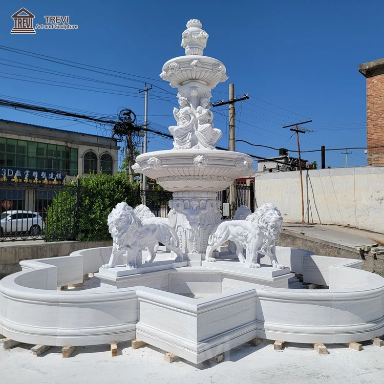 Large Stone Lion Decoration Modern Art Garden White Natural Marble Water Fountain