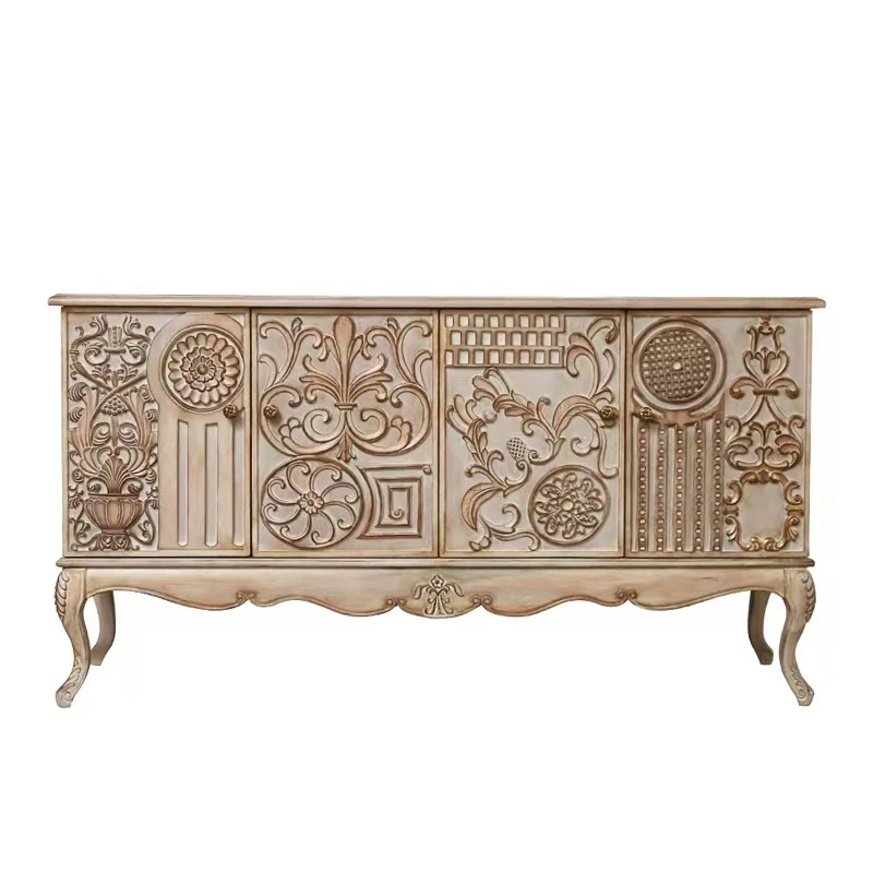 European modern simple light luxury living room and dining room carved solid wood dining side cabinet