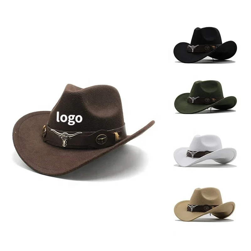 Wool multicolour chapeau homme bull belt wool cowboy fedora felt western hat for men women adult with detachable belt