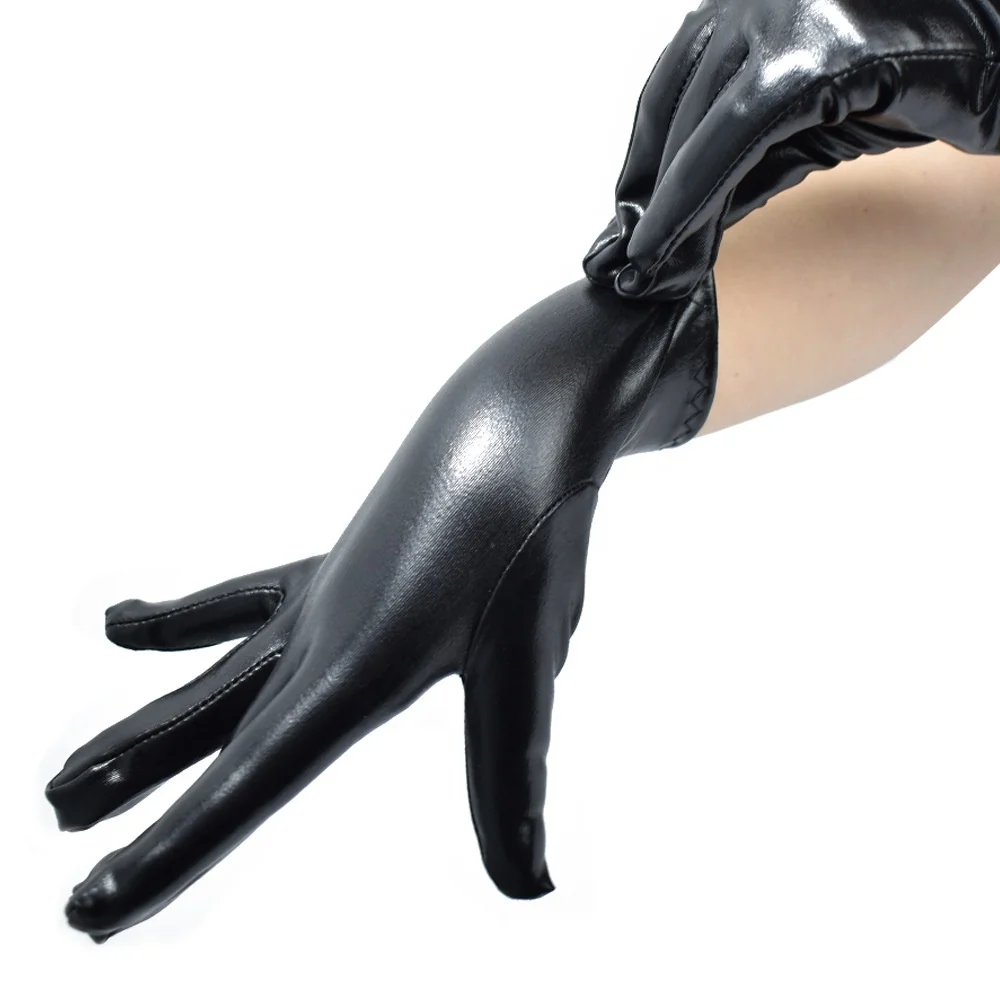 Leather PU Halloween Evening Dress Party Finger Gloves Shiny Black Stretch Glove