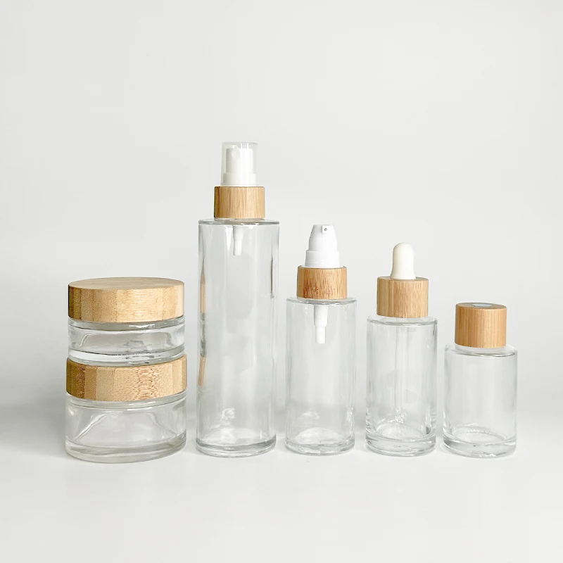 Cosmetics Sets Skincare Bamboo Pump head lotion white glass frosted dropper bottle packaging containers