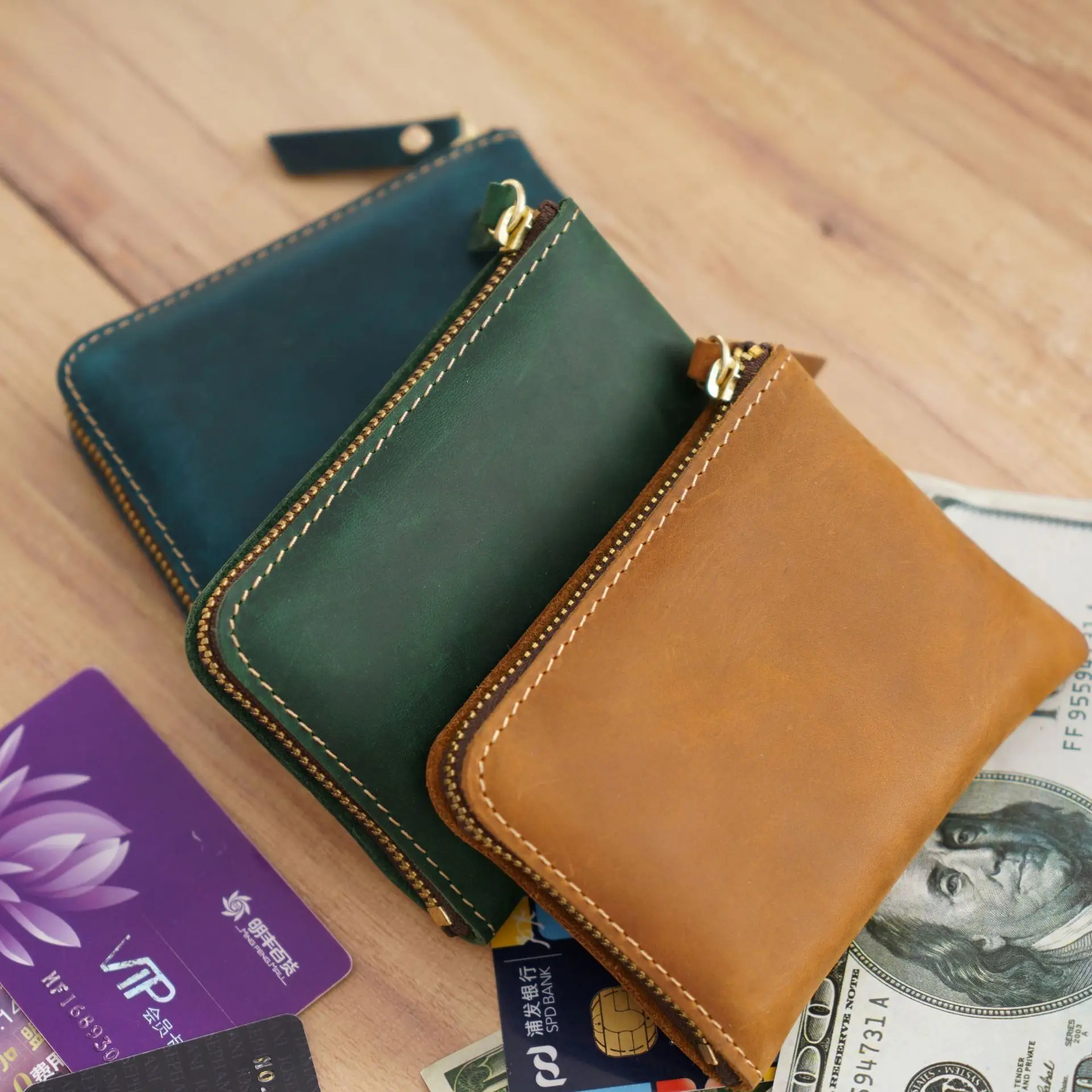 Stylish Minimalist Small Cowhide Leather Zipper Coin Wallet Purse Genuine Pouch Bag with Cardholder Hot Selling Money Storage