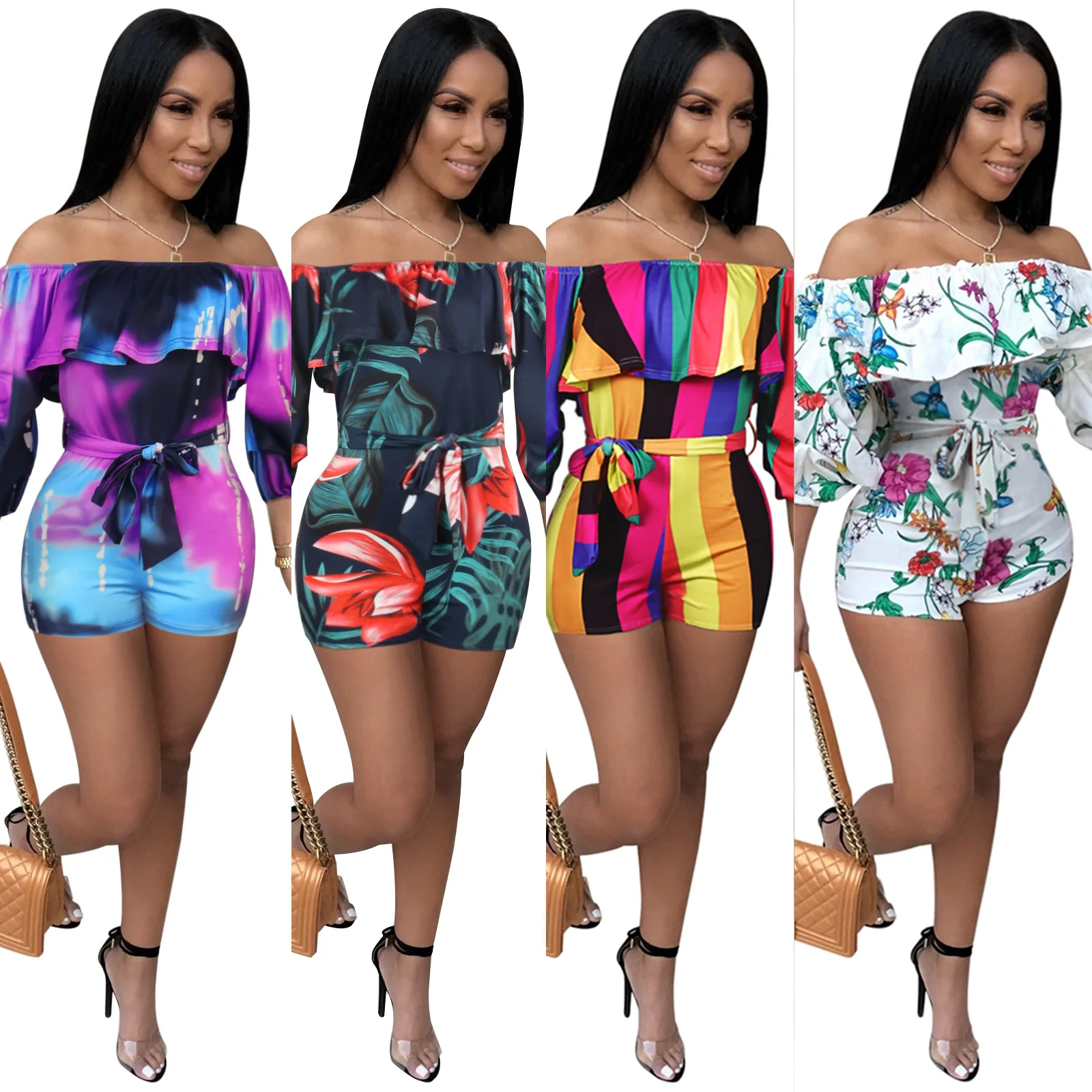 
2021 Amazon top selling boutique summer off shoulder floral printed ladies one piece jumpsuit sexy women romper shorts 