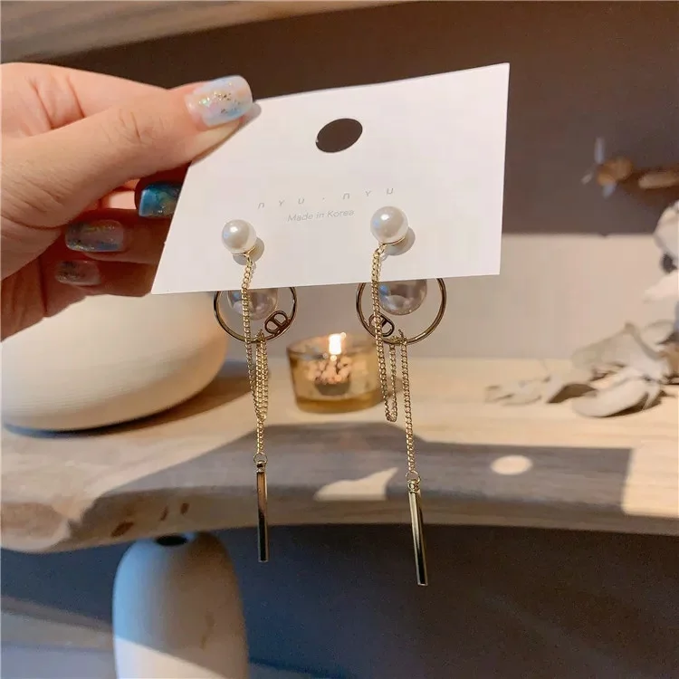 2021 Korean version of 925 needle long dangle pendant pearl gold hoop earrings