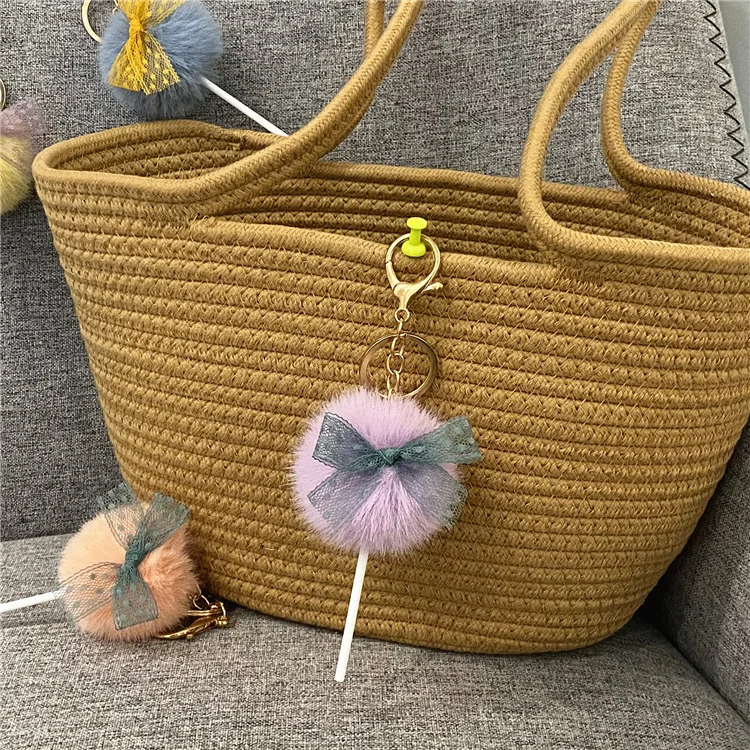 INS Popular Cute Lollipop Bow Pom Pom Ball Keychain Bag Ring