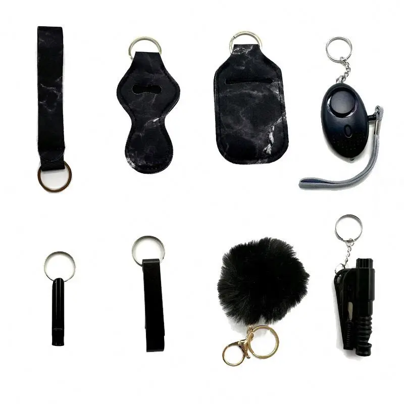 Wholesale 8pcs Keychain Set Bulk Accessories wrist strap whistle bottle opener pom pom window breaker Set Self Defense  keychain