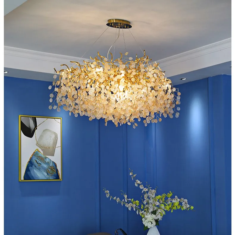 Modern Light Luxury Rain Drop Golden Aluminum Branch Creative Glass Led Chandelier