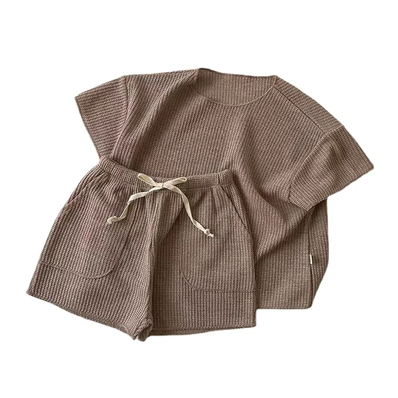Wholesale Korean Style Baby Clothing Fashion Casual Short Sleeved Baby Loose Knitted Sports Suit Two-piece Set