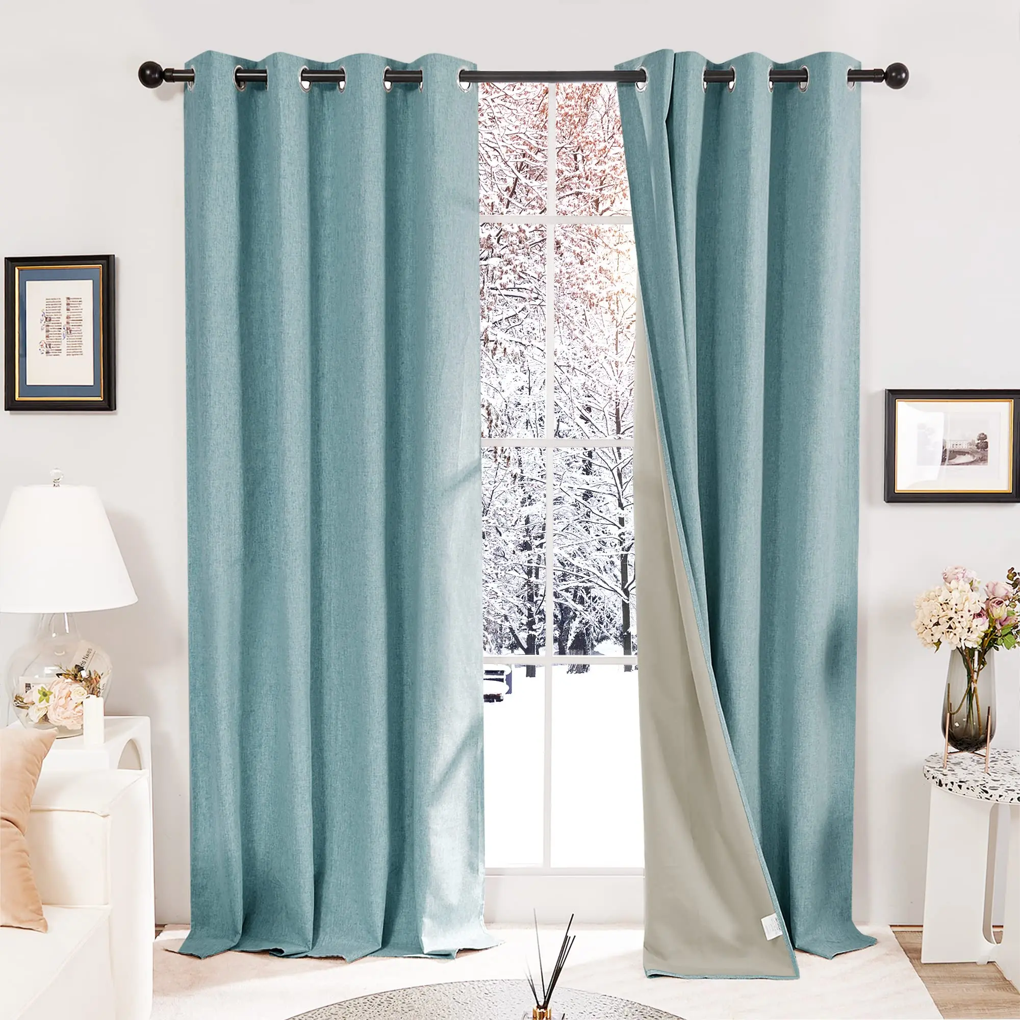 Modern Style 55x69 Inch Ice Blue Blackout Curtains Eyelet Ready Opaque Curtains Linen for Bedroom Living Room