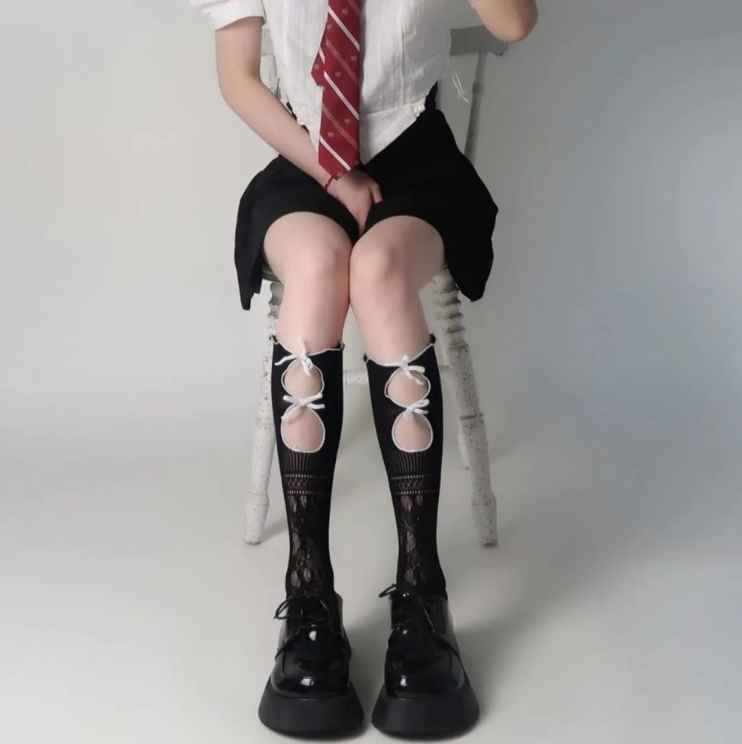 Japanese College Style Bow Knot Floral Pattern Medium Length Socks 10