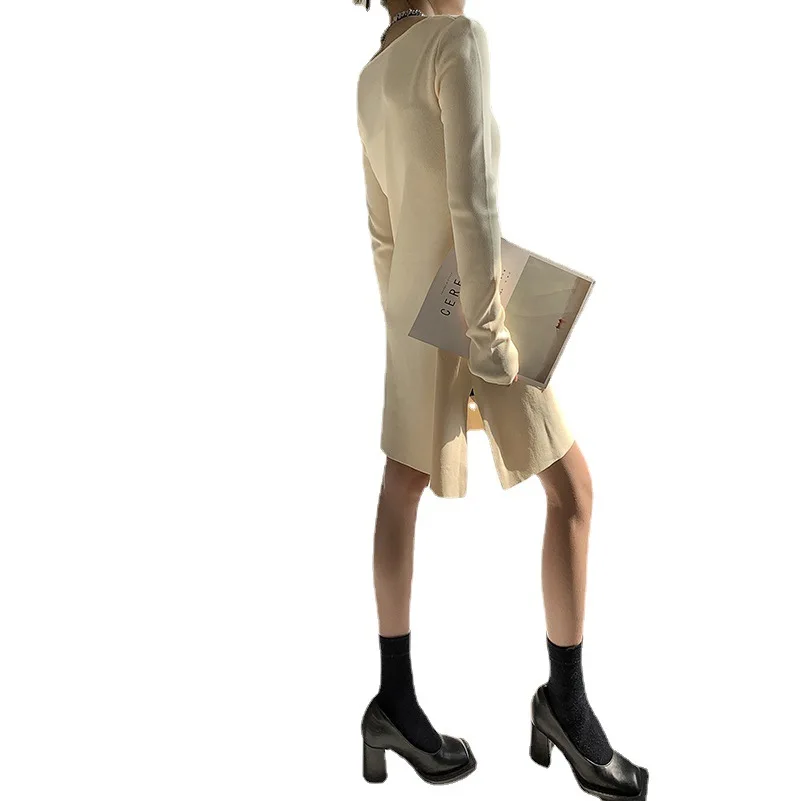 Soiling pure color asymmetrical neck pullover knitwear elegant Design sense niche knit dress women long sleeve base skirts
