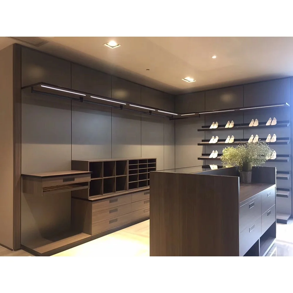 Fashion home wardrobe custom shelving master bedroom suite aluminum wooden walk in closet with led light