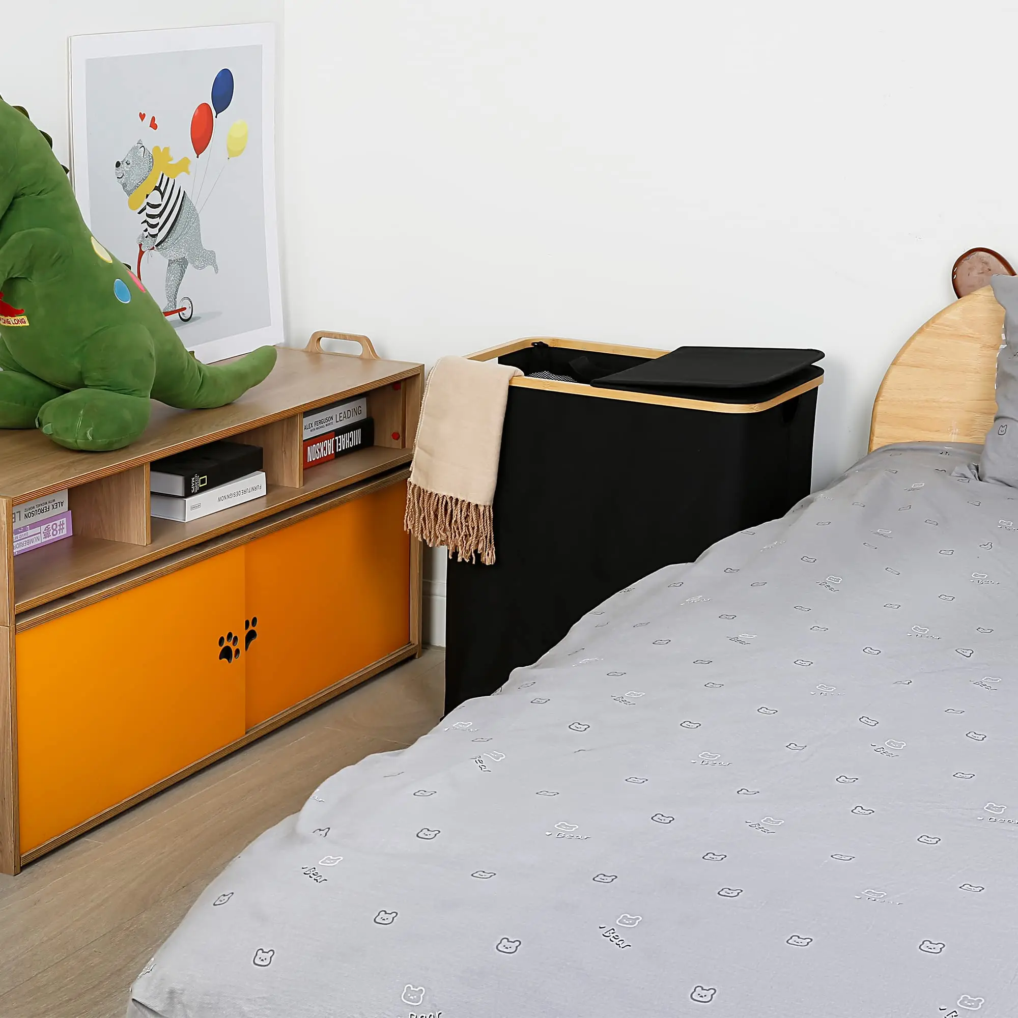 2 Section Large Capacity Foldable Bamboo Laundry Hamper Bucket With Lid Canvas Storage Basket Laundry Basket