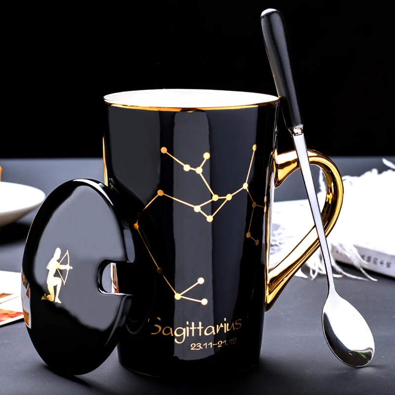 Cheap Price  White Black 12 Constellations Gold Pattern Ceramic Coffee Mug With Lid Spoon And Gold Handle For Souvenir