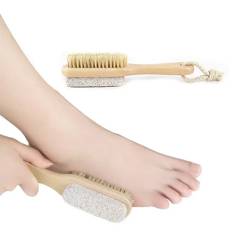 
Wood Handle Pumice Stone Foot Brush Scrubber Feet Exfoliating Dead Skin Remover Natural Bristle Massage Tool 