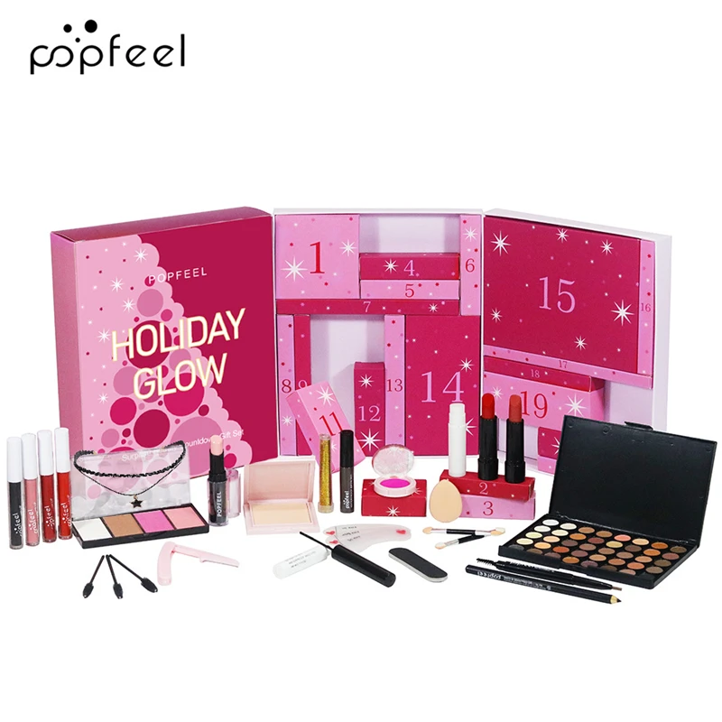 POPFEEL holiday glow surprise beauty countdown gift set 24 colors eyeshadow matte lipgloss lipstick eyebrow pencil makeup kit