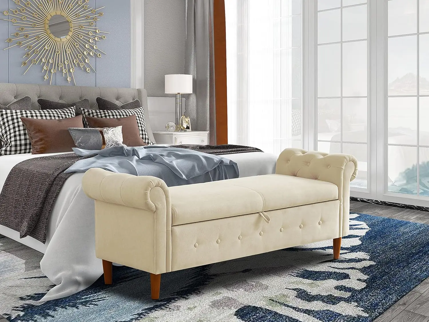 living room footrest with storage bedroom white fabric wooden legs bench stools & ottoman