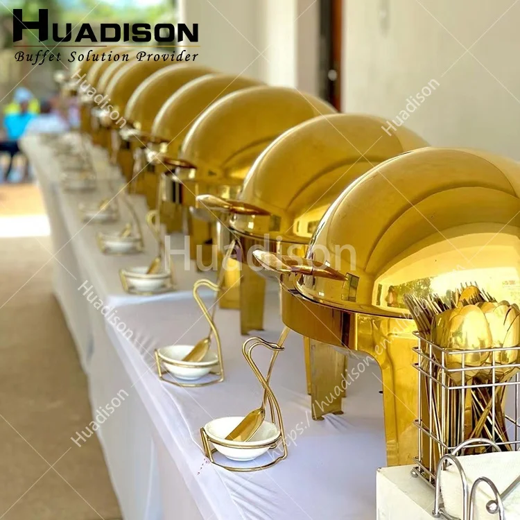 Huadison restaurant hotel roll top design chafing dish buffet gold display equipment food warmer chefing dish set