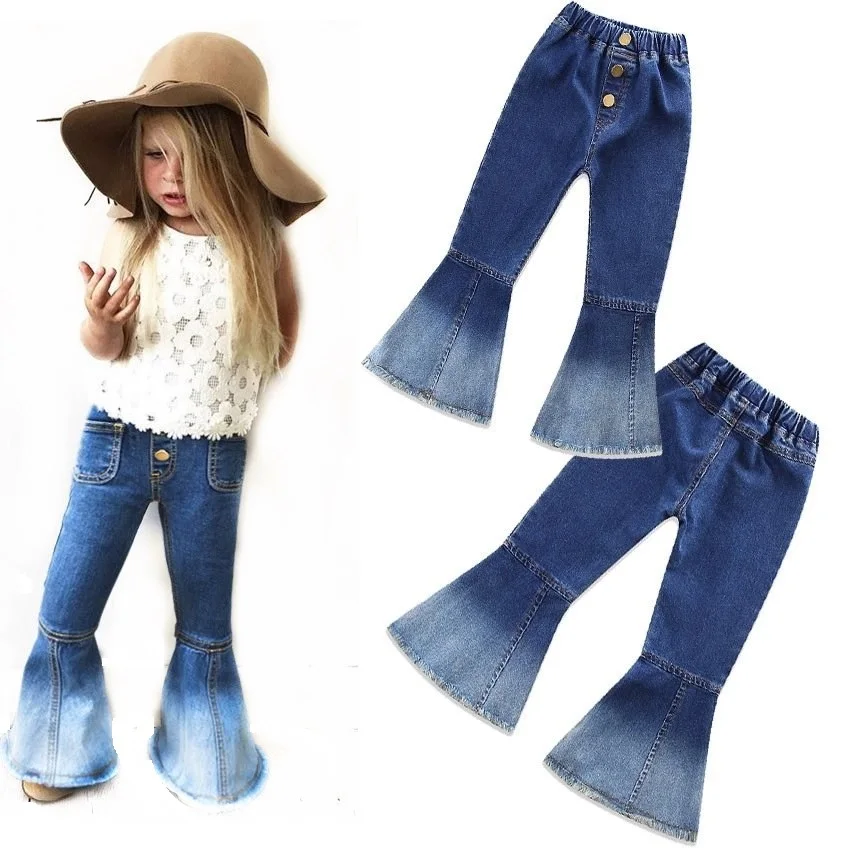 
K17839 2021 Girl Blue Jeans Buttons Skinny Flared Jeans Kids Stretchy Denim Bell-Bottoms Long Trousers 