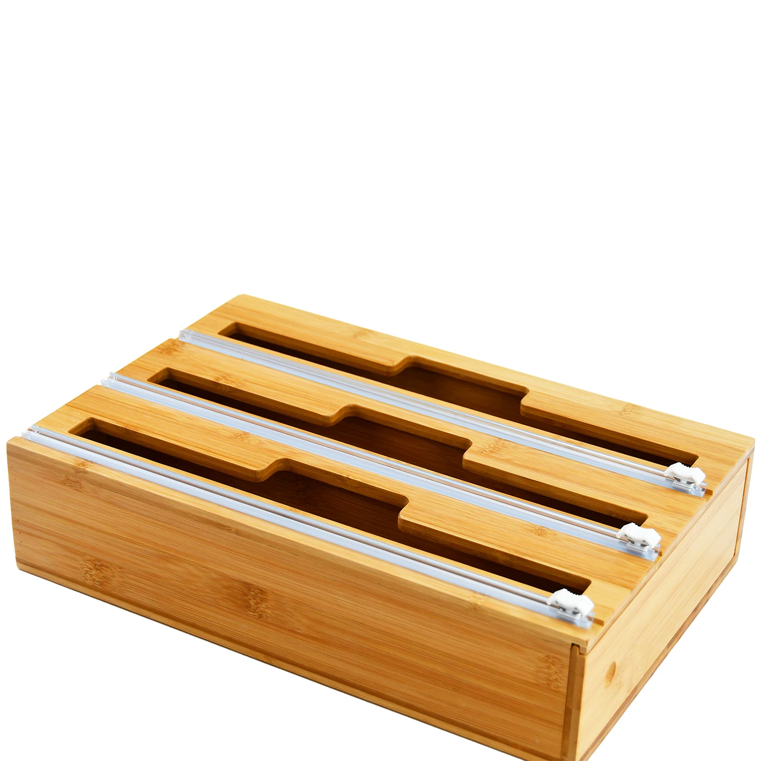 Bamboo Cling Wrap Dispenser with Cutter 3-in-1 Plastic Wrap, Wax Paper, Aluminum Foil Dispenser Organization and Storage