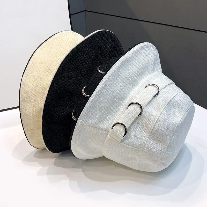 Wholesale Floppy Beach Travel Sun Hat Wide Brim Foldable Packable Women Fashon Designer Black White Bucket Hat With Metal Rings