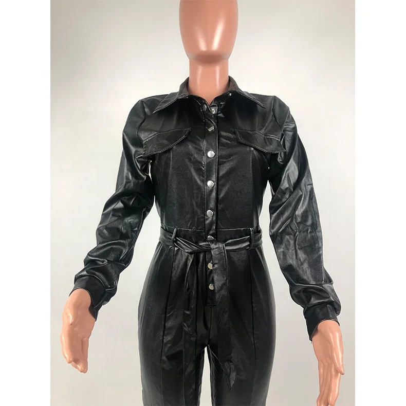 2022 China wholesale black leather jumpsuit PU leather jumpsuit