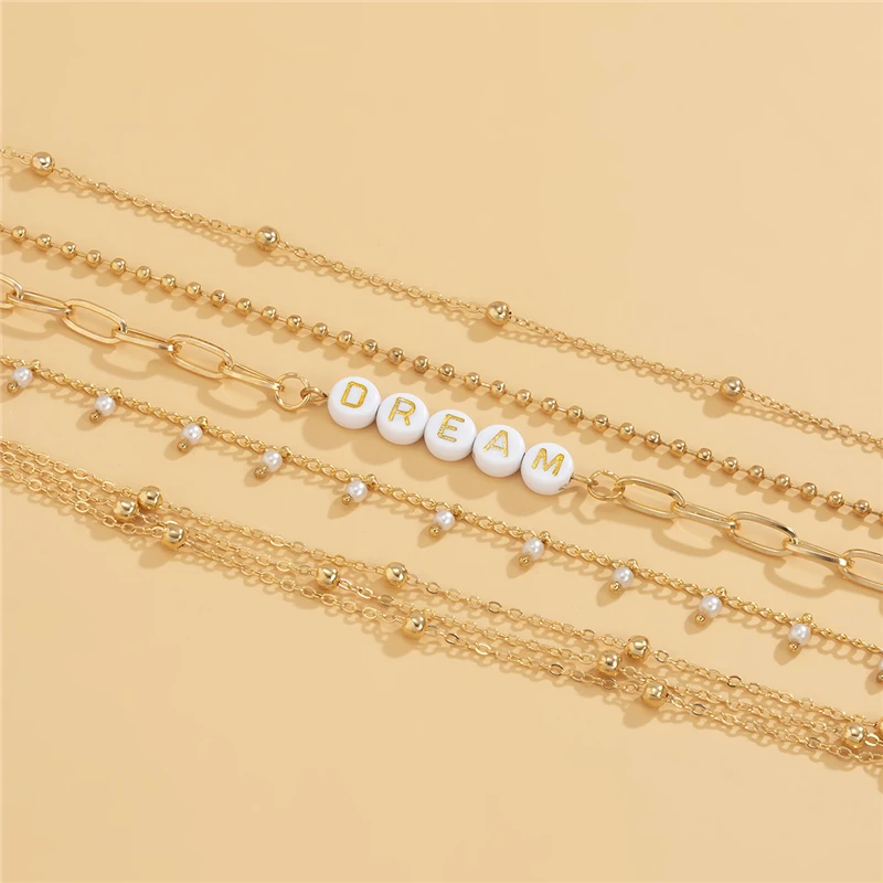  Wholesale Women Multi-layer Gold Plated Link Chain Bracelet Acrylic Letter Beads