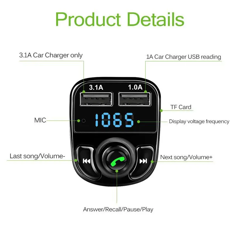  New Arrival Qc3.0 Quick Charge Car Bluetooths 5.0 Handsfree Kit Fm
