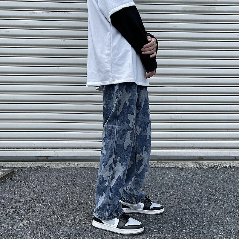 Autumn and winter American street camouflage jacquard jeans men loose straight trend teen student pants