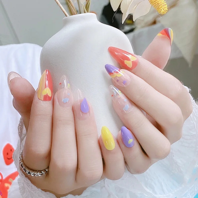 J27 SAFENG Factory Colored Drawing Rainbow Press On Nails Fingernails Nail Decoration Art Salon Cute French DIY Nail Art Tips