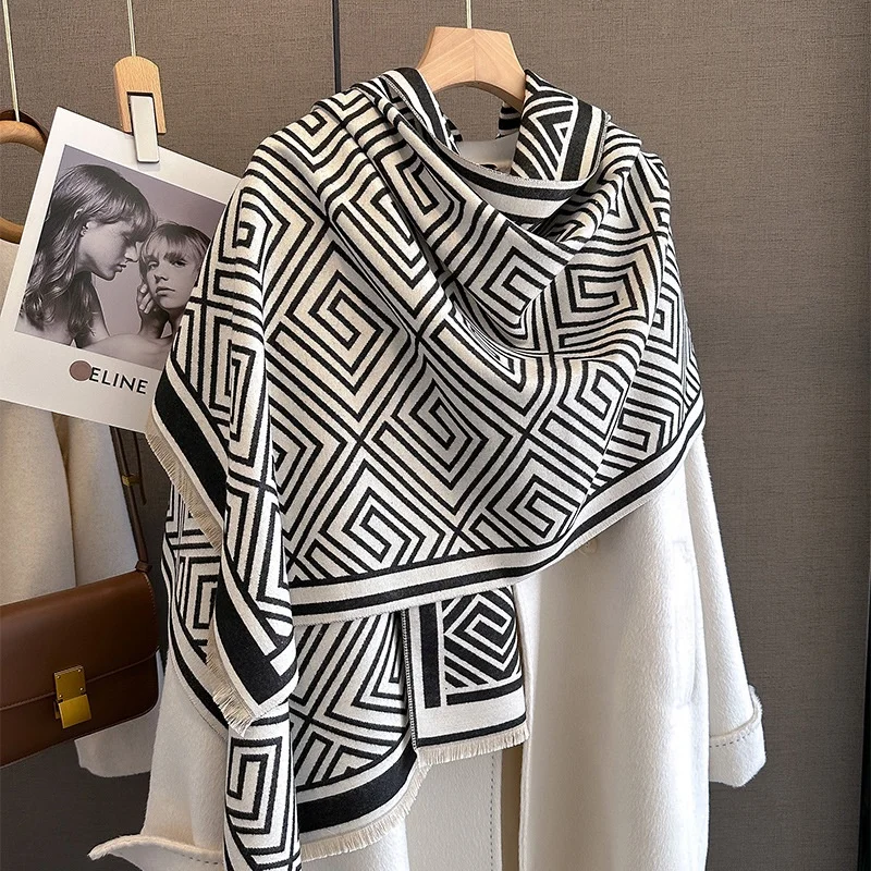 2023 new style geometric pattern thermal big stylish kerchief scarf poncho for winter
