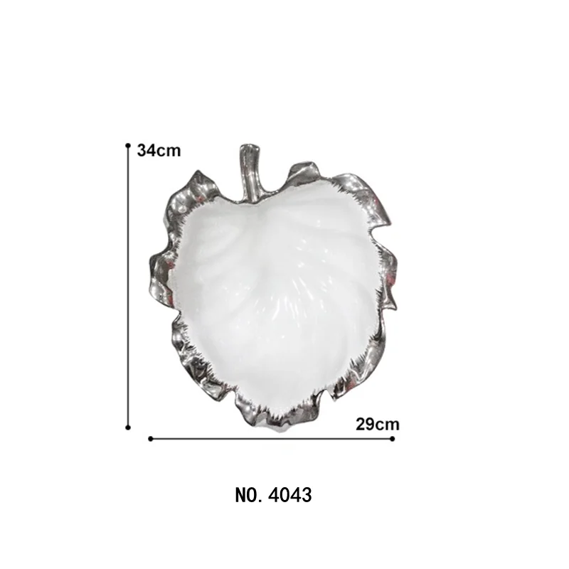 signed unique leaf shape silver Rim ceramic dish plate Nordic Porcelain Plates fruit candy and Snack tray for home