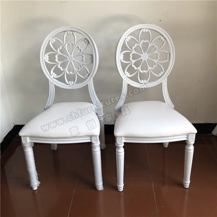 French Style Modern White Silver Carved Round Back Stacking Wedding Louis Banquet Dinning Chair