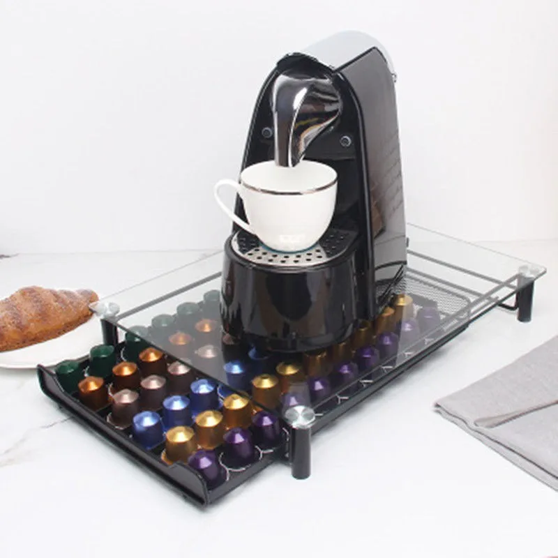 New Product Pull Out Glass Coffee Rack Glass Cover 60 Cups Metal Storage Rack Coffee Rack Capsule Holder
